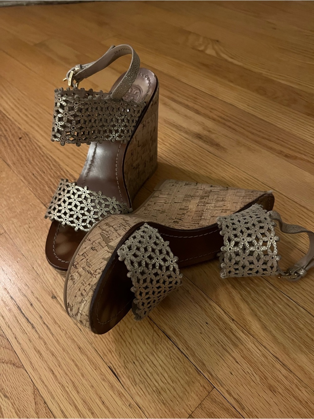 Tory Burch Metallic Gold Daisy Cork Wedge Sandals